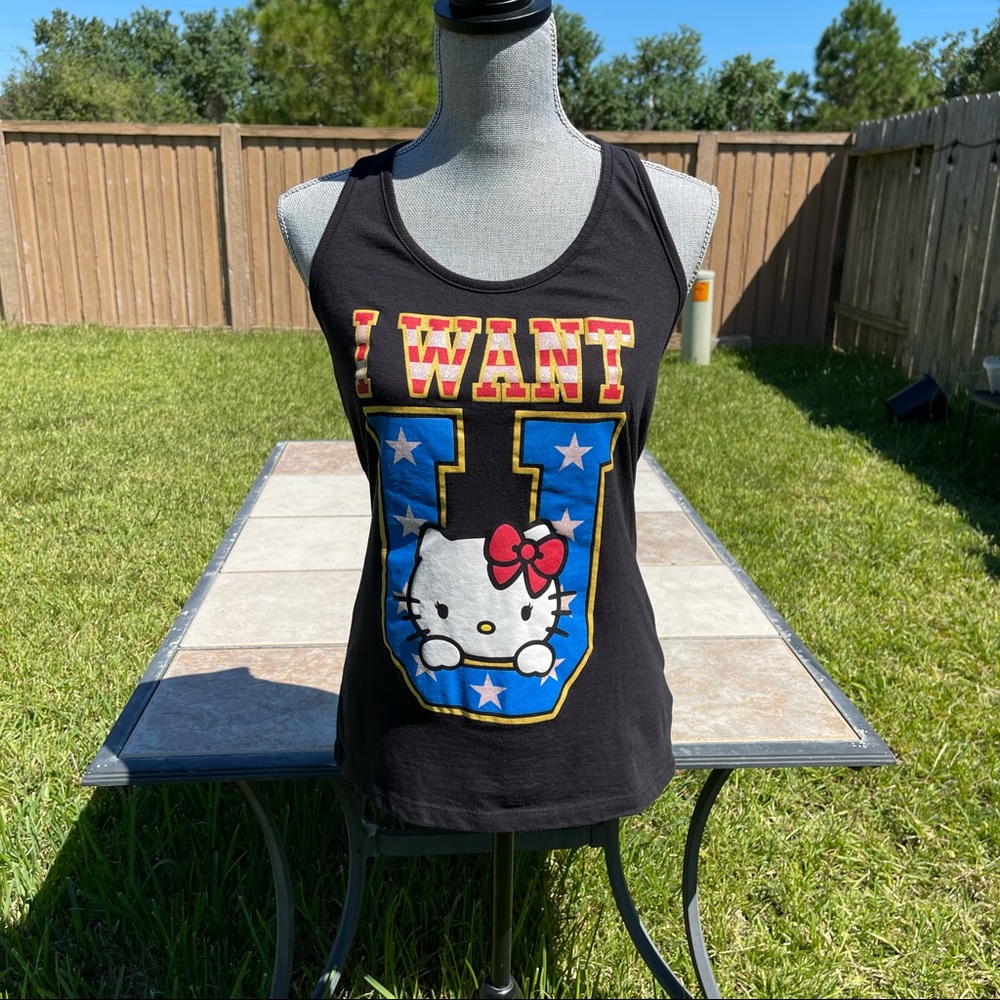 HELLO KITTY GIRLS' I WANT U JUNIOR'S RACER BACK TANK TOP BLACK SIZE M